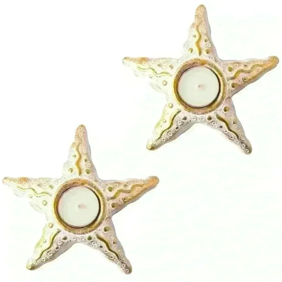 Gold Whitewash Tea Light Candle - Starfish - Set of 2 w/Bees Wax Tea Lights NEW - Picture 1 of 8
